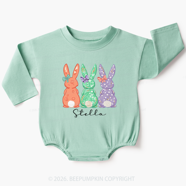 Personalized Three Colorful Bunnies Easter Baby Bubble Romper
