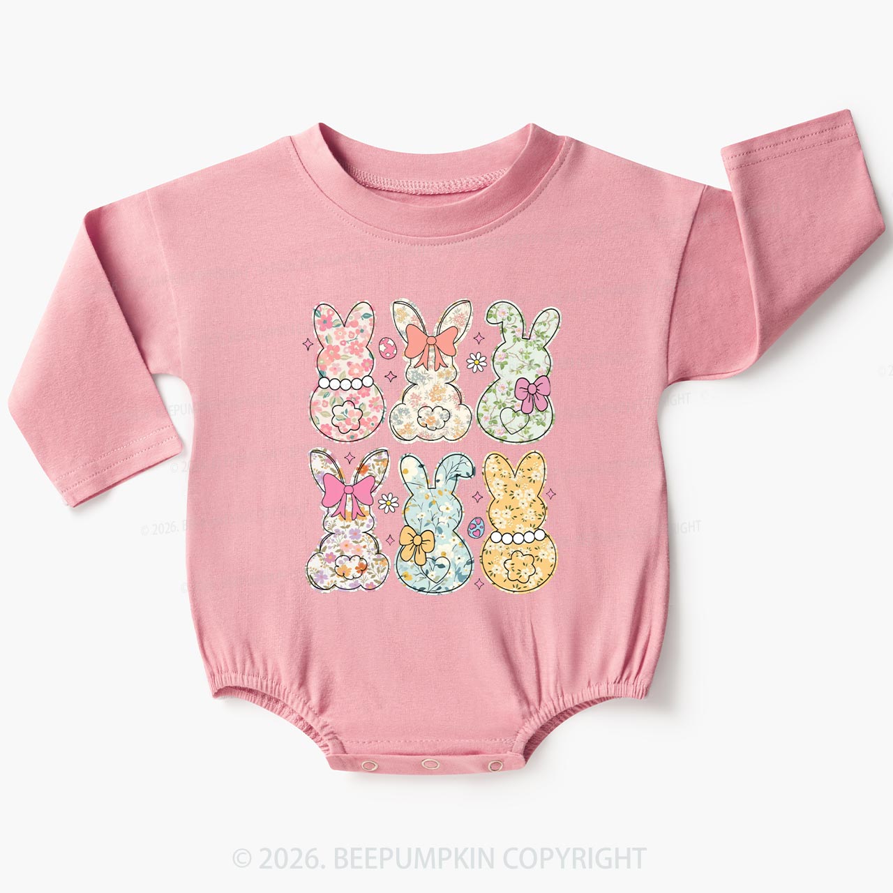 Vintage Spring Floral Bunny Bows Baby Bubble Romper