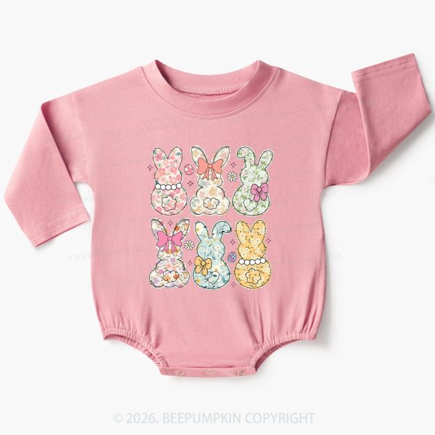 Vintage Spring Floral Bunny Bows Baby Bubble Romper