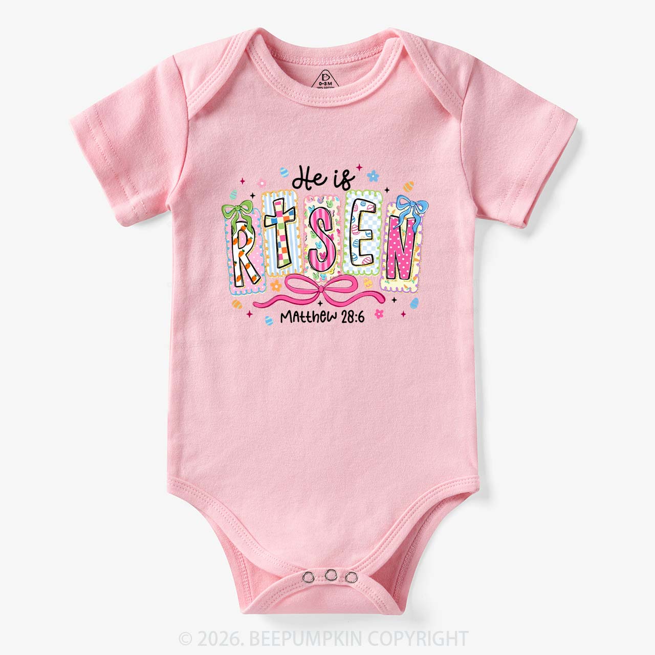 Easter Bow Lettering He Is Risen Baby Bodysuit