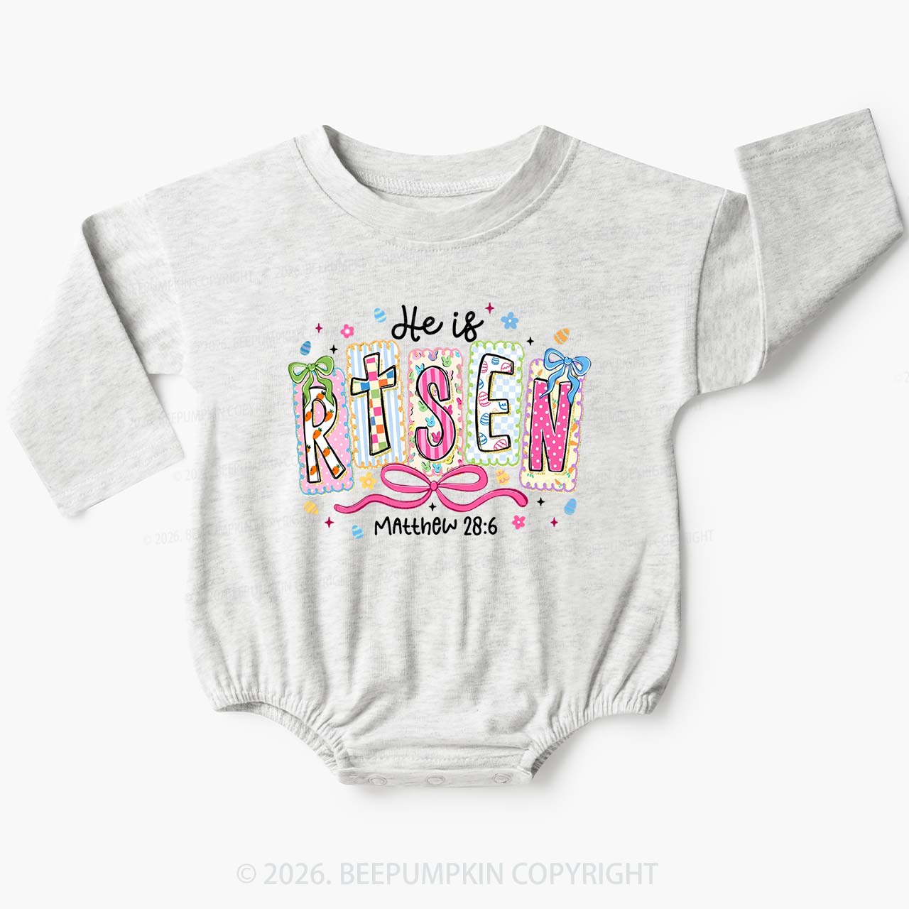 Easter Bow Lettering He Is Rise Baby Bubble Romper