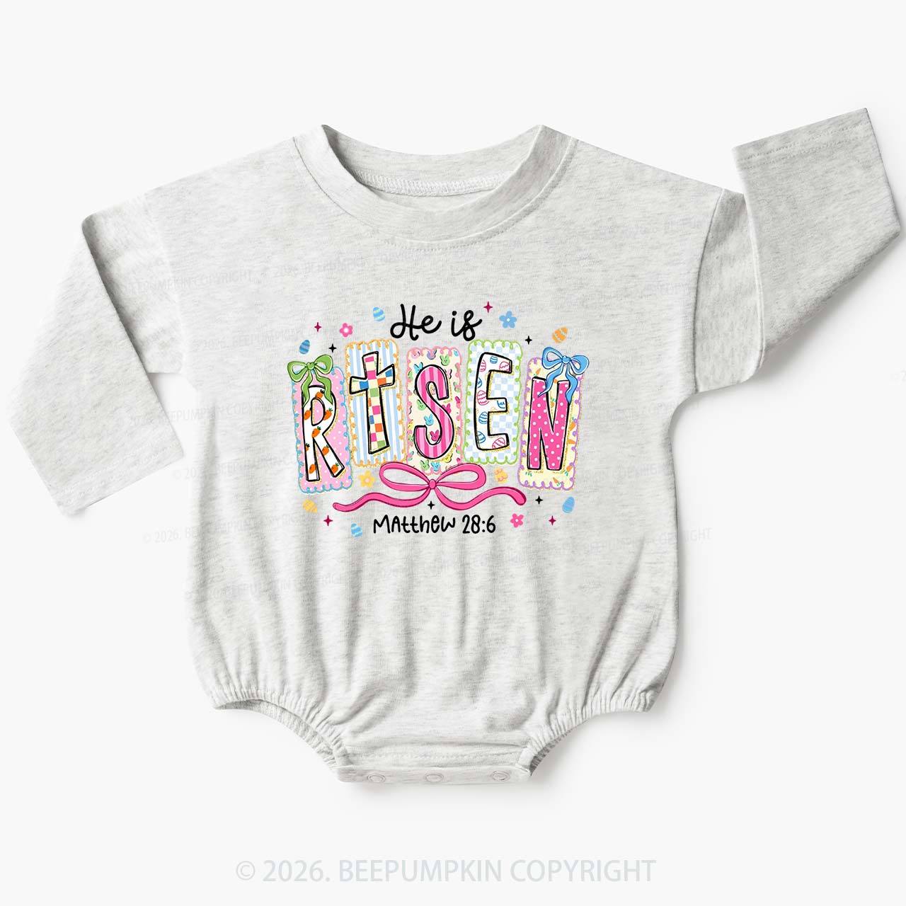 Easter Bow Lettering He Is Rise Baby Bubble Romper