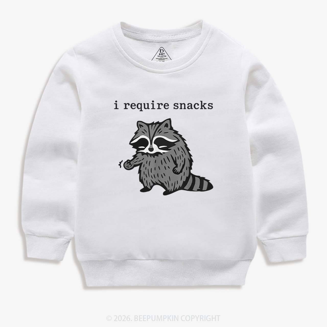 I Require Snacks Raccoon Kid's Sweatshirt