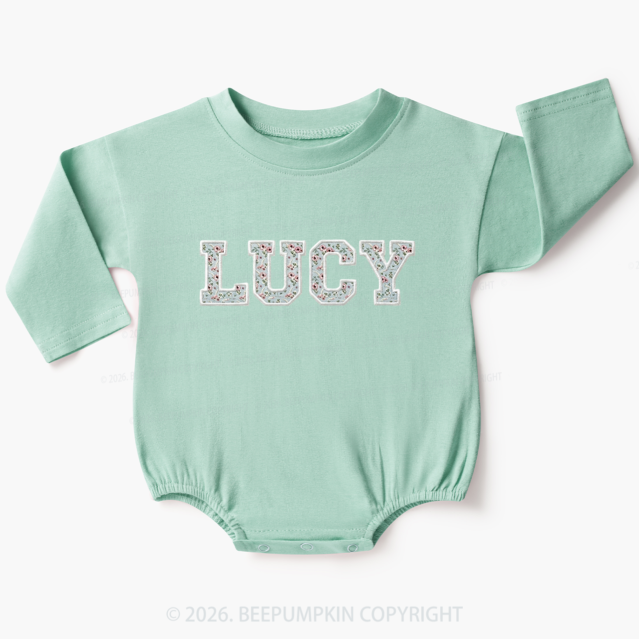 Personalized Vintage Blue Rose Applique Baby Bubble Romper