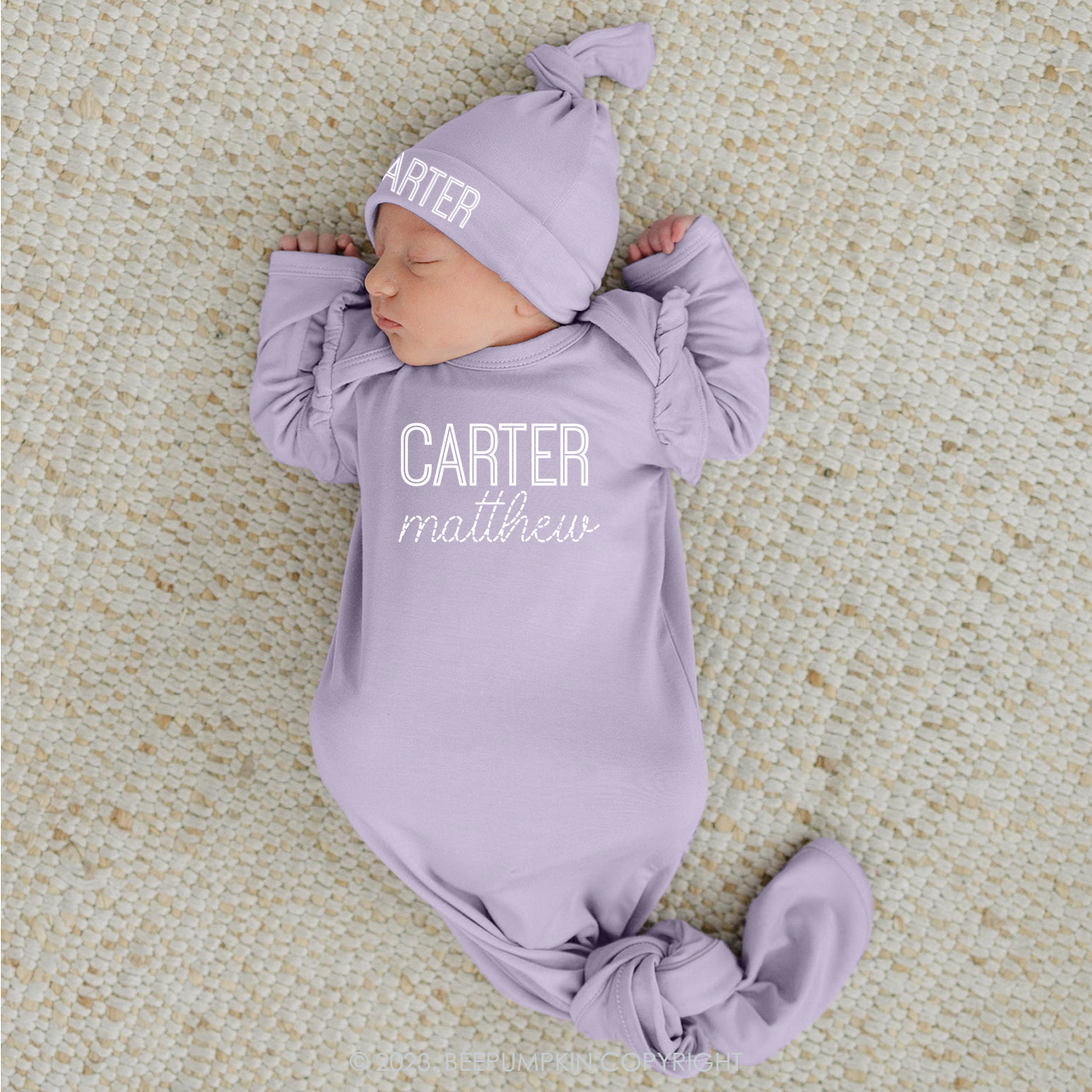 Personalized Gender Neutral Baby Knotted Gown&Hat Coming Home Outfit
