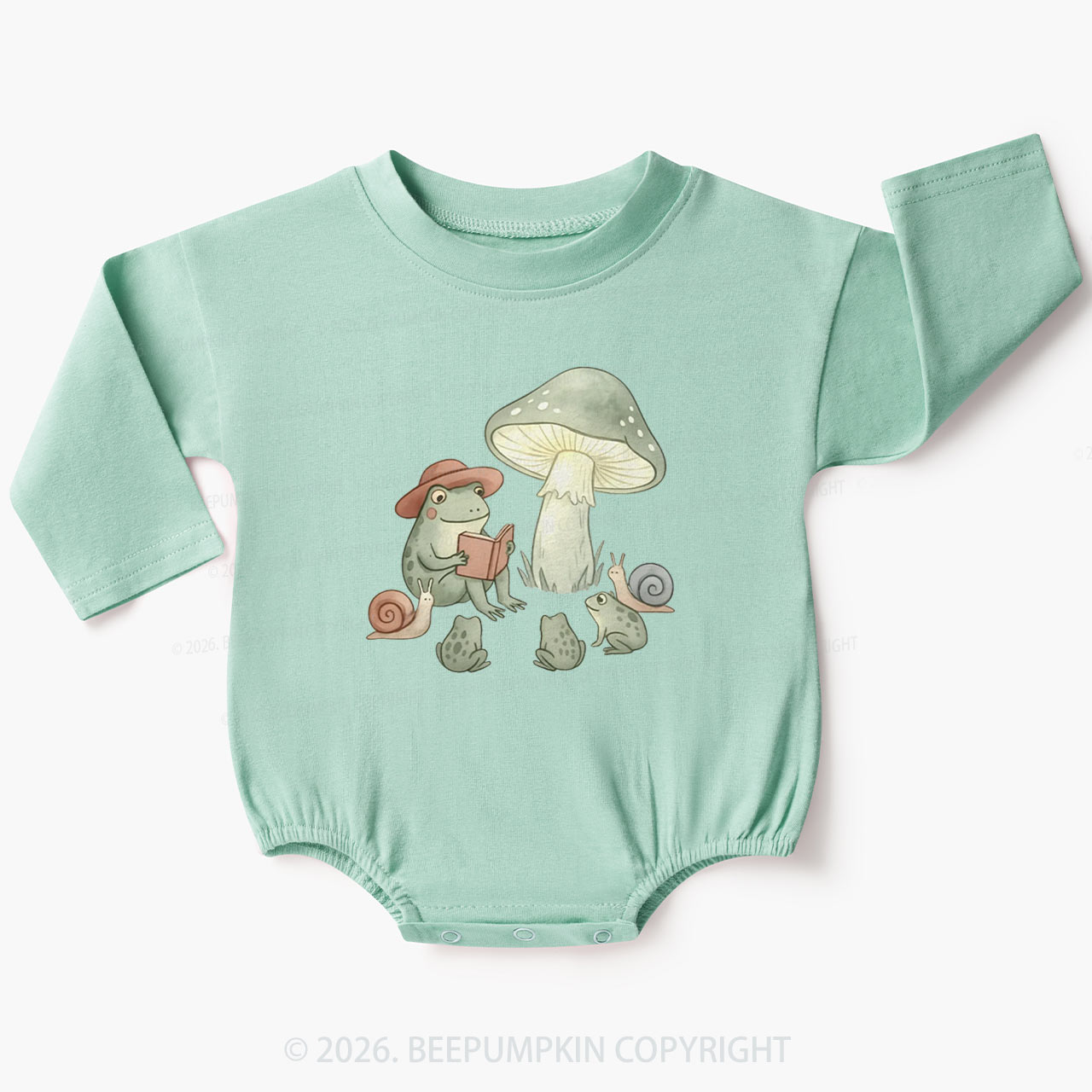 Reading Frog Cute Cottagecore Mushroom Baby Bubble Romper