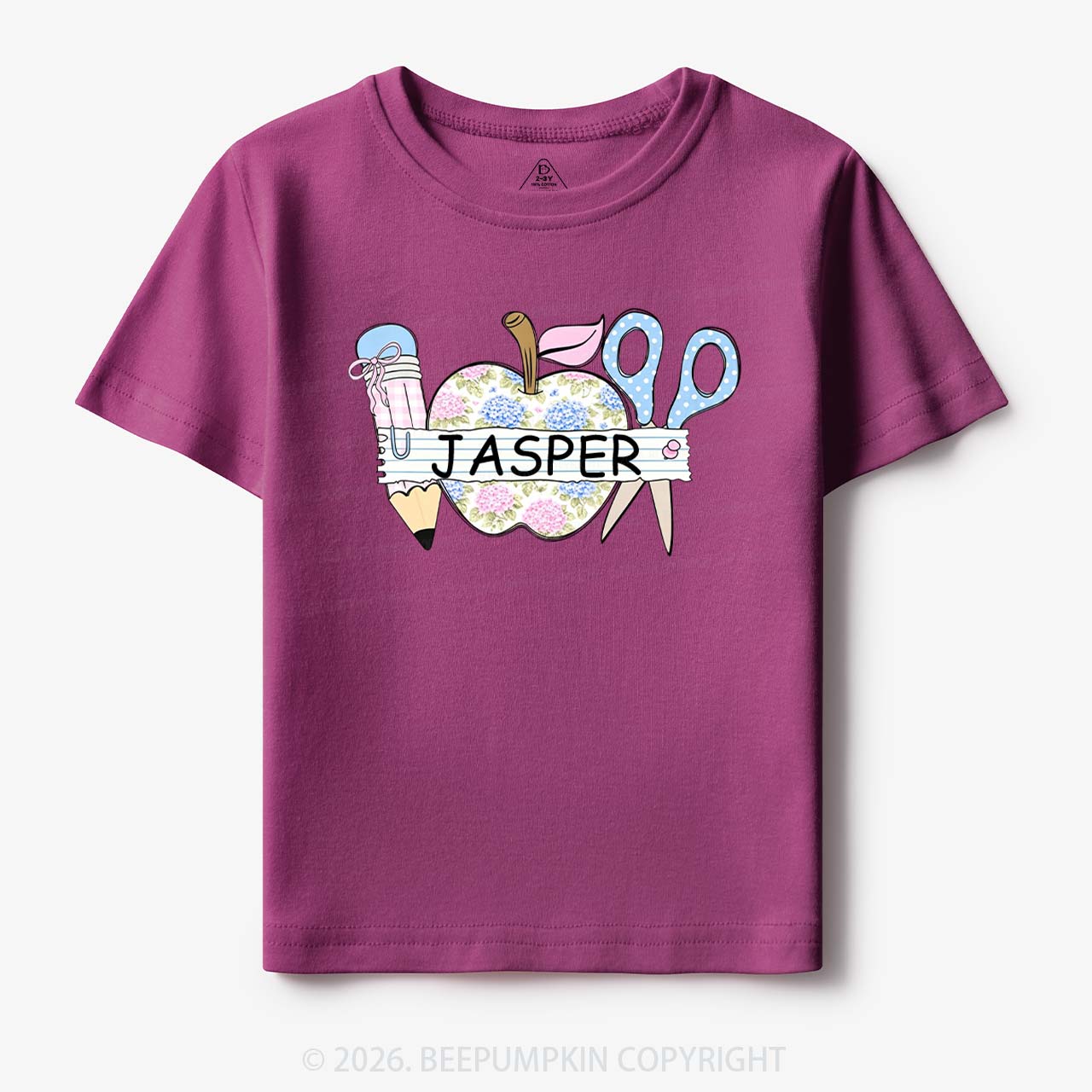 Personalized Name Preppy Floral Pencil Apple Scissors Toddler&Kid's Tees