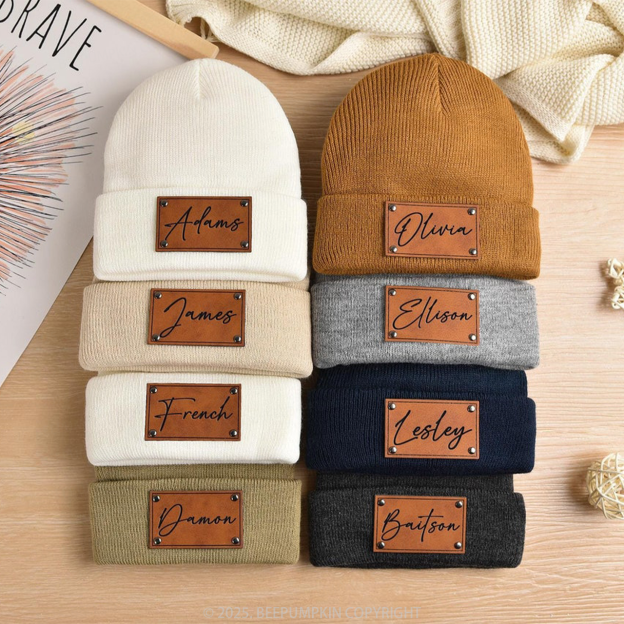 8 Colors Personalized Name Beanie Hat (Vegan Leather Patch)