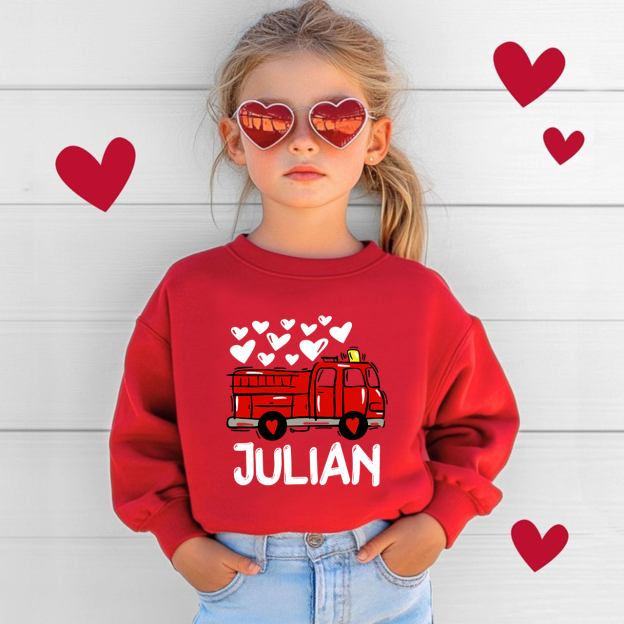 Personalized Name Fire Truck Valentine's Day Kid's Sweatshirt