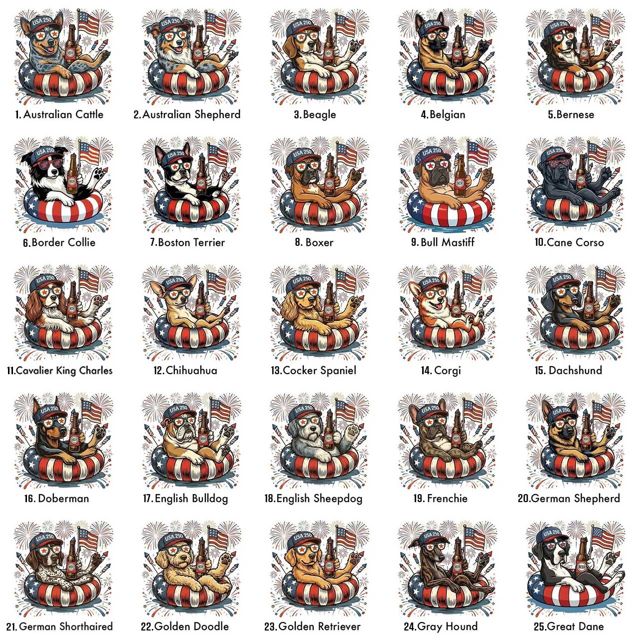 Personalized 4th of July Dog Breeds America 250 T-Shirts