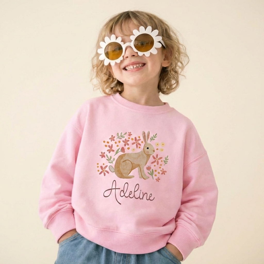 Personalized Watercolor Bunny Blooms Kid's Sweatshirt