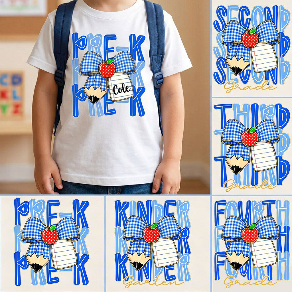 Personalized Blue Gingham Pencil Bow Toddler&Kid's Tees