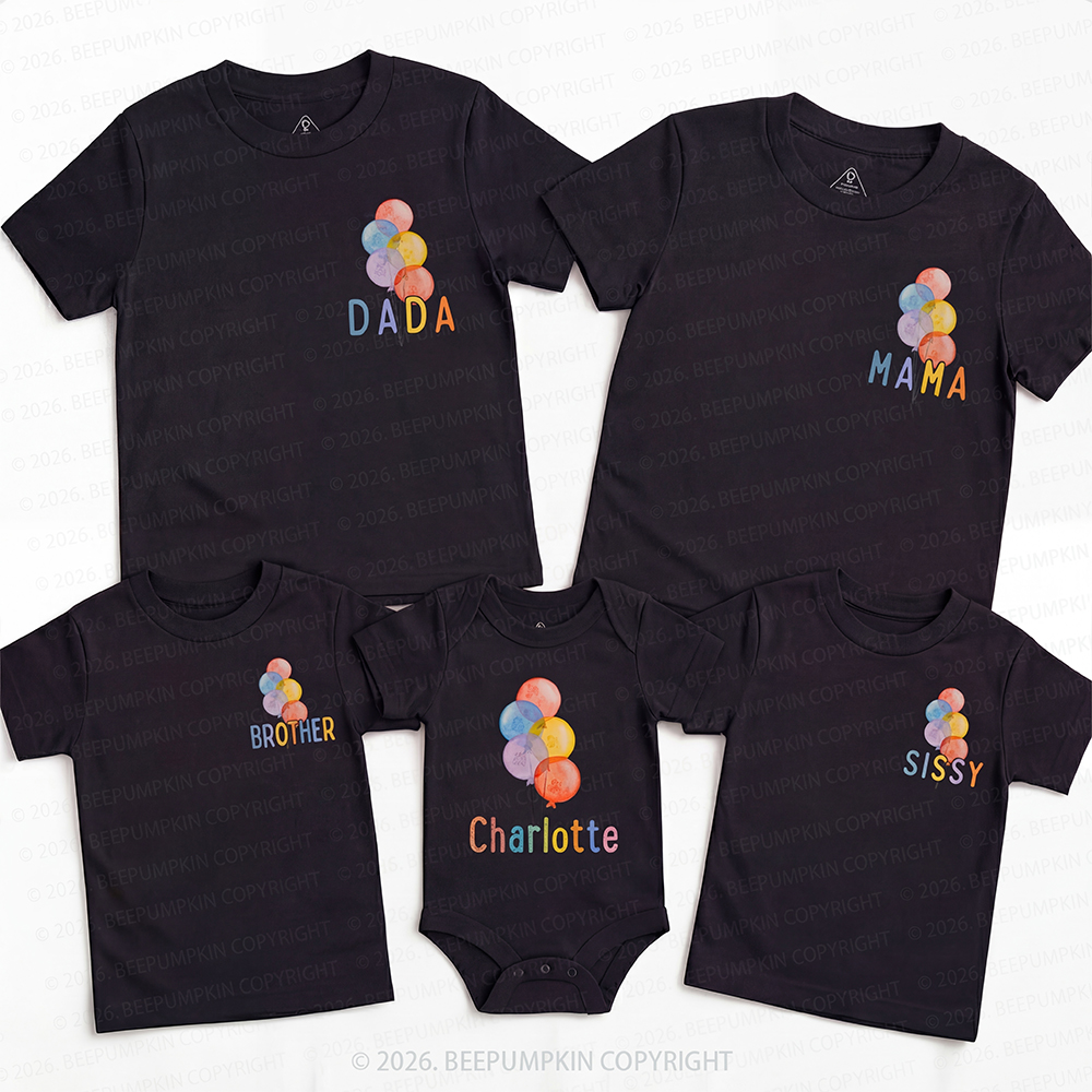 Personalized Rainbow Balloon Birthday Family Matching T-Shirts