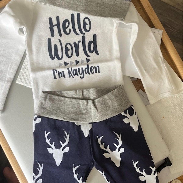 Hello World Personalized Name Elk Coming Home Outfit Sets