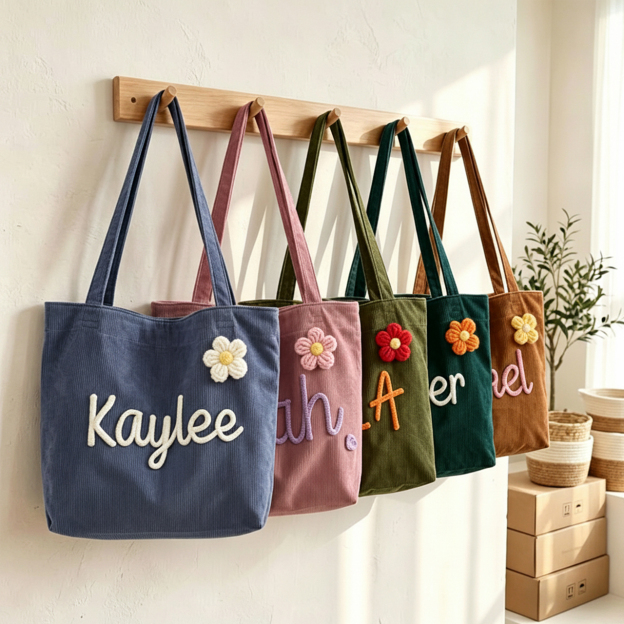 Personalized Yarn Embroidered Name Corduroy Tote Bag
