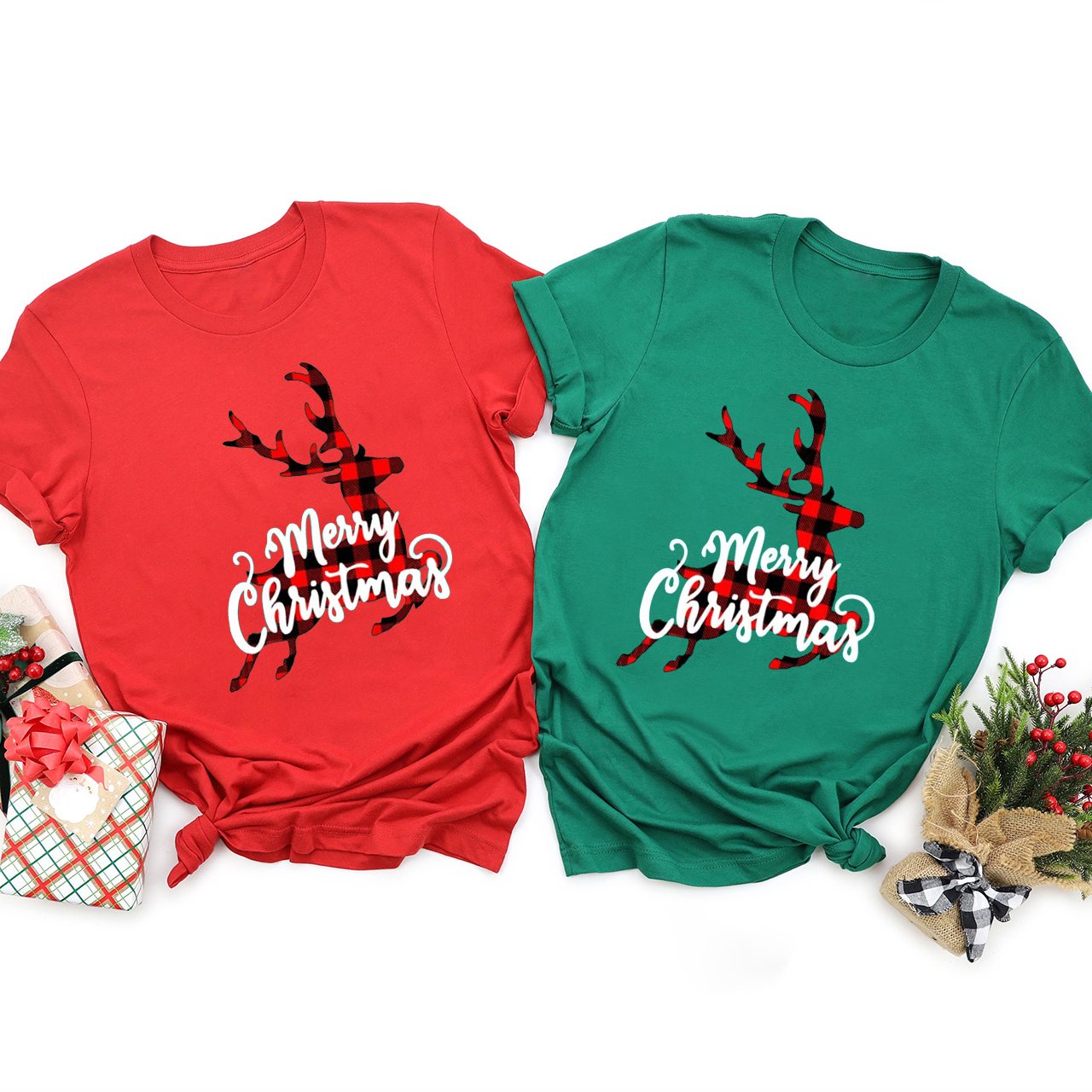 Merry Christmas Checkered Deer Family Shirts