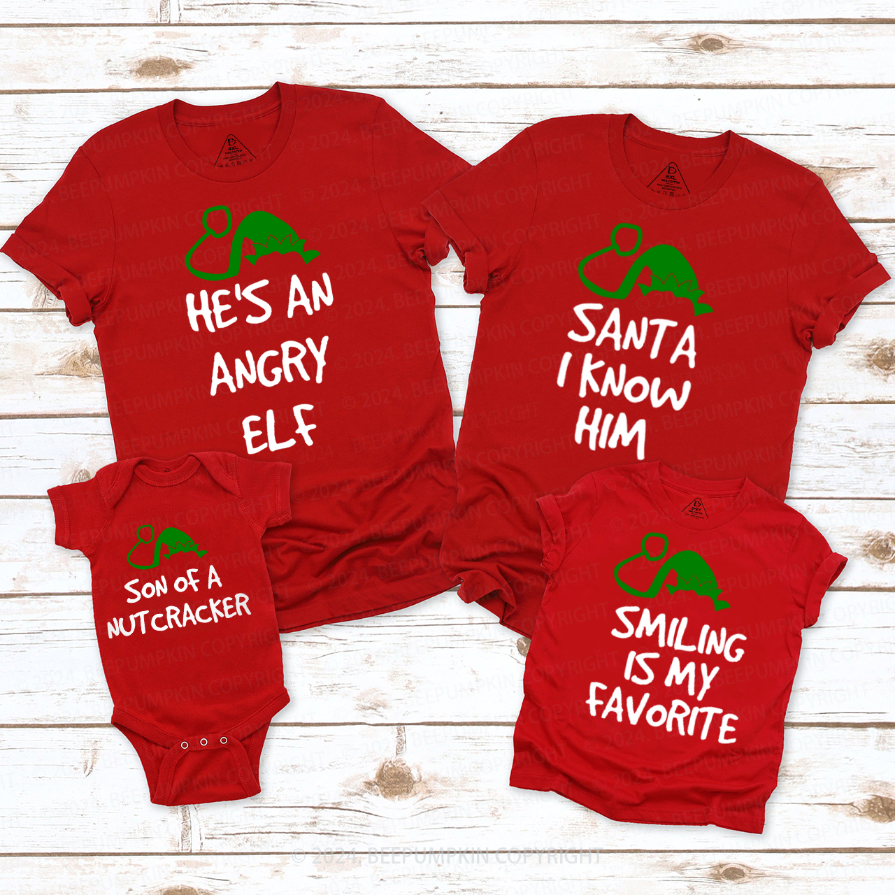 Elf Red Green Hat Quote Christmas Family Matching T-Shirts Beepumpkin