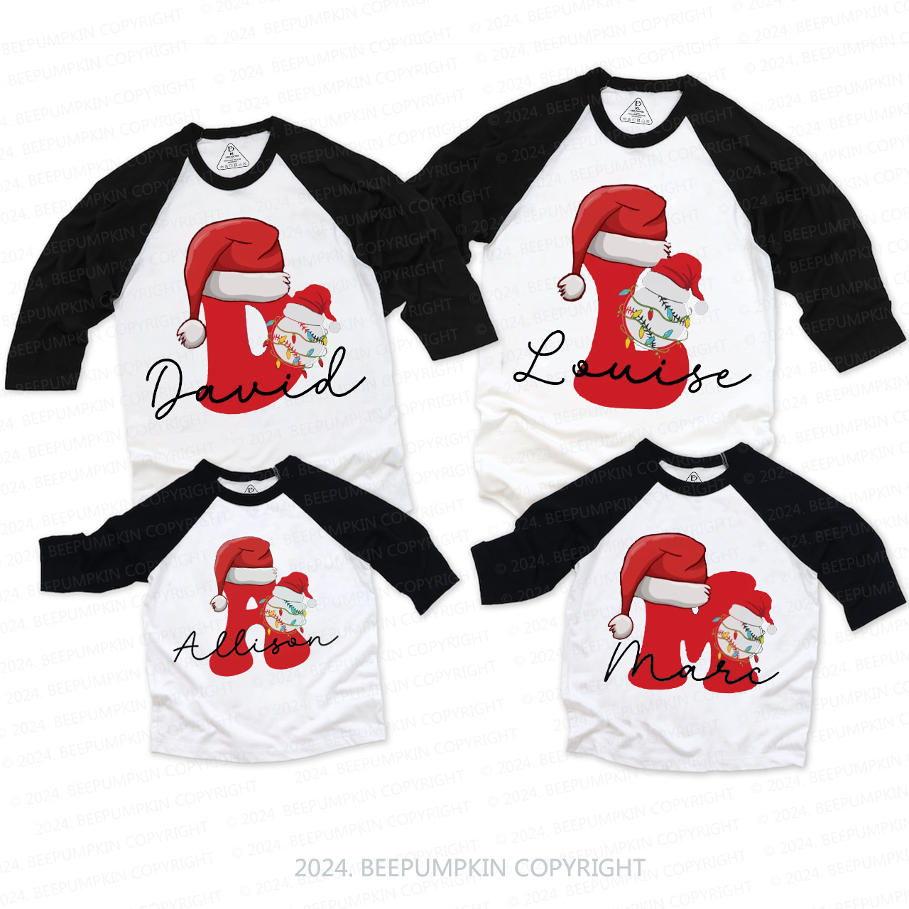 Personalized Baseball Christmas Letter Family Matching Raglan Sleeves T-Shirts Beepumpkin 