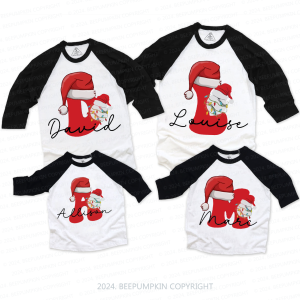 Image of Personalized Baseball Christmas Letter Family Matching Raglan Sleeves T-Shirts Beepumpkin