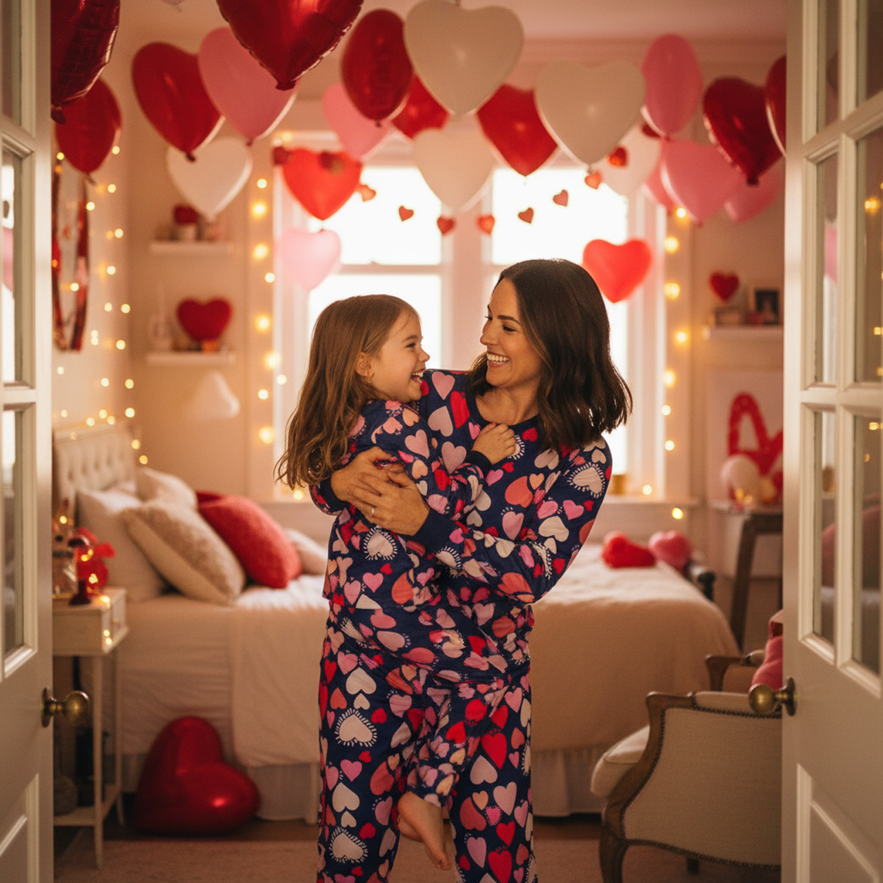 Pink Heart Navy Mom&Me All-Over Print Matching Pajama Sets