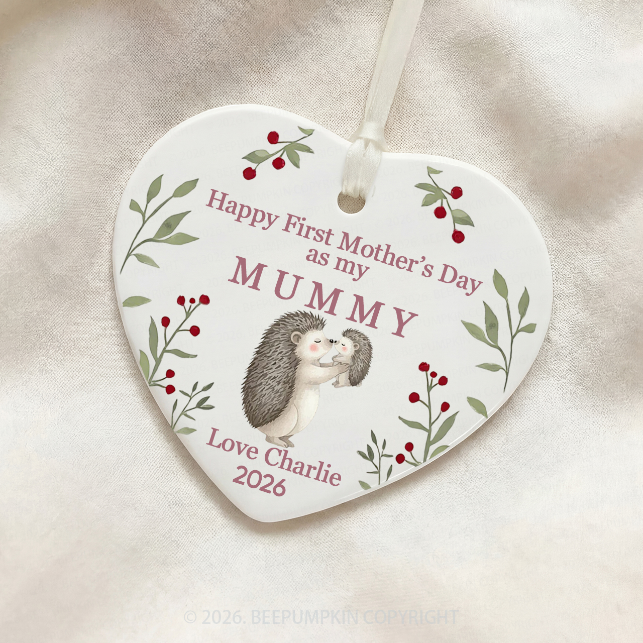 Personalized First Mother's Day Hedgehog Ceramic Heart Ornament