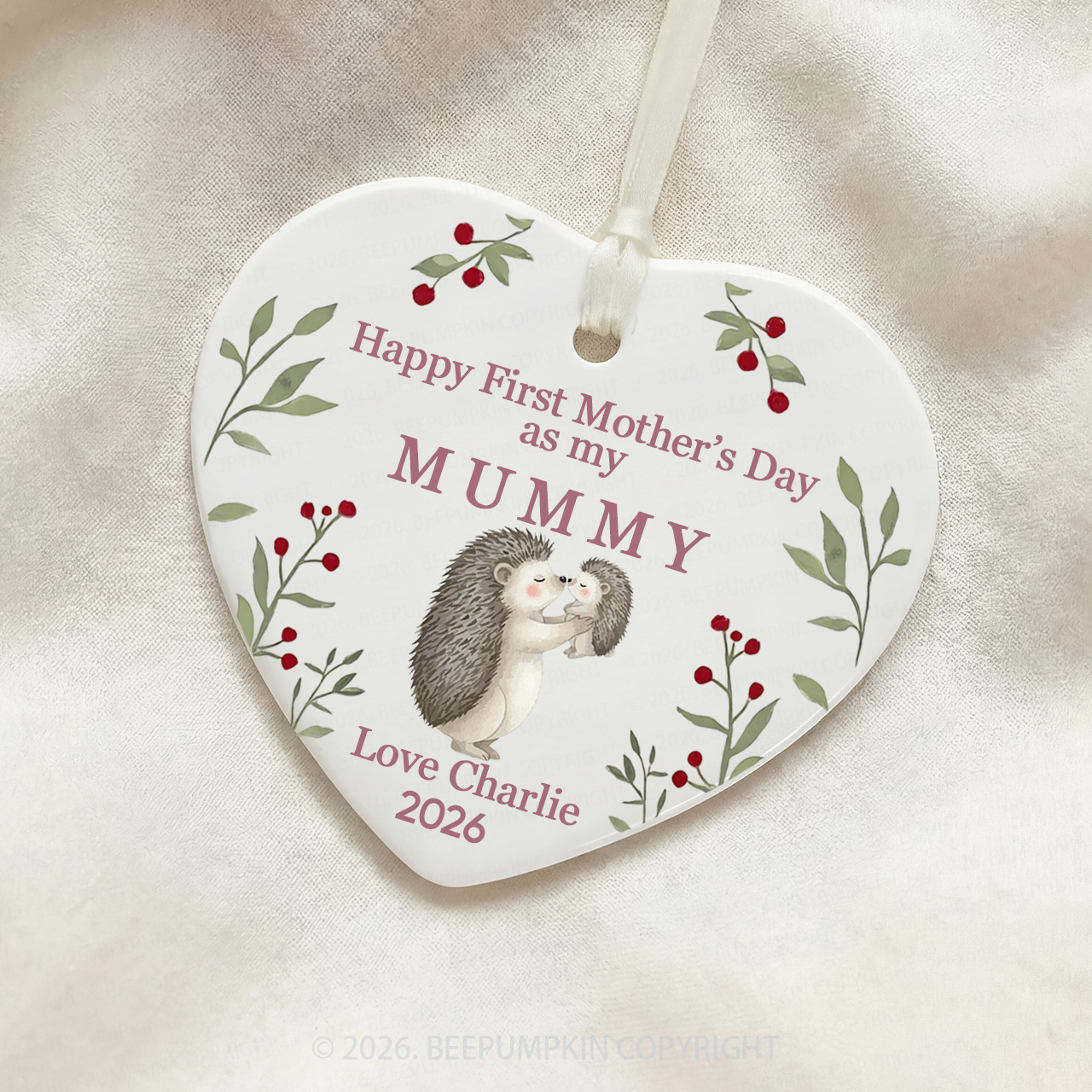 Personalized First Mother's Day Hedgehog Ceramic Heart Ornament