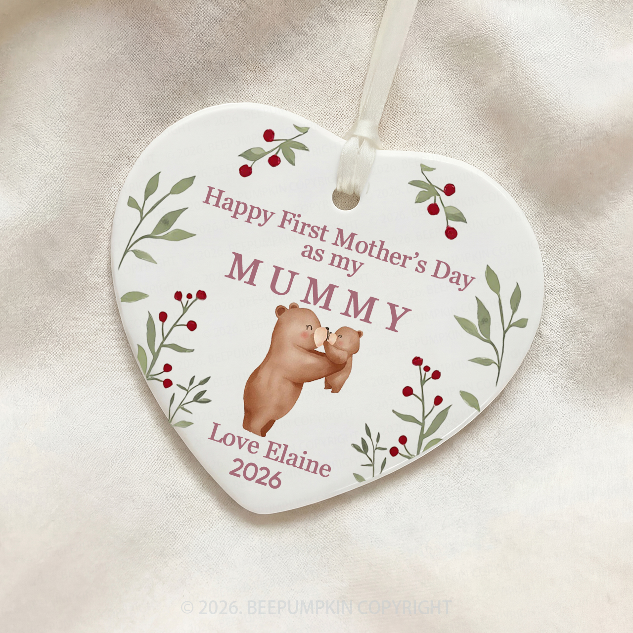 Personalized First Mother's Day Bear Ceramic Heart Ornament