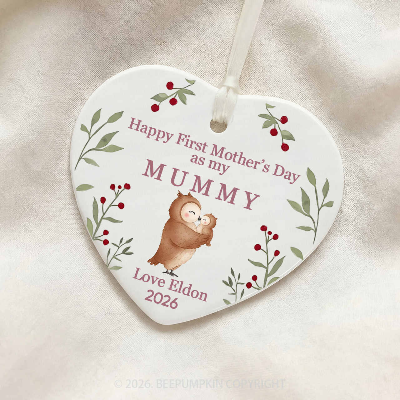 Personalized First Mother's Day Owl Ceramic Heart Ornament
