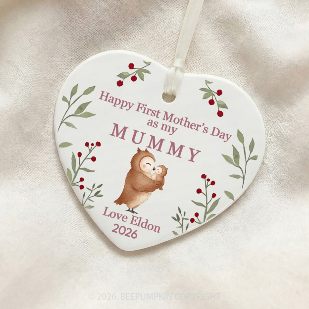 Personalized First Mother's Day Owl Ceramic Heart Ornament