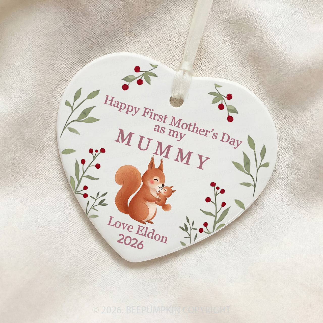 Personalized First Mother's Day Fox Ceramic Heart Ornament