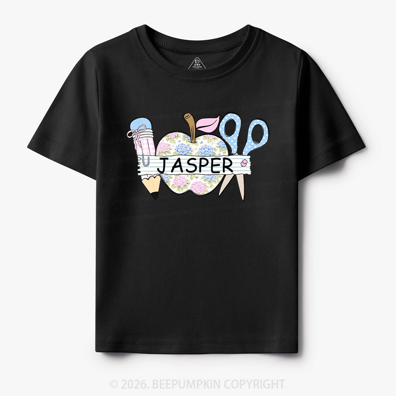 Personalized Name Preppy Floral Pencil Apple Scissors Toddler&Kid's Tees