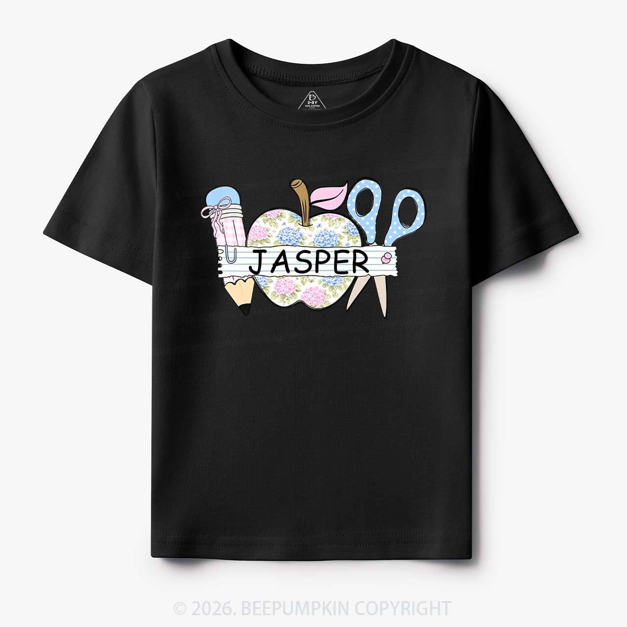 Personalized Name Preppy Floral Pencil Apple Scissors Toddler&Kid's Tees