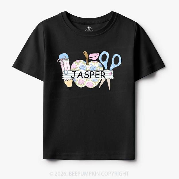 Personalized Name Preppy Floral Pencil Apple Scissors Toddler&Kid's Tees