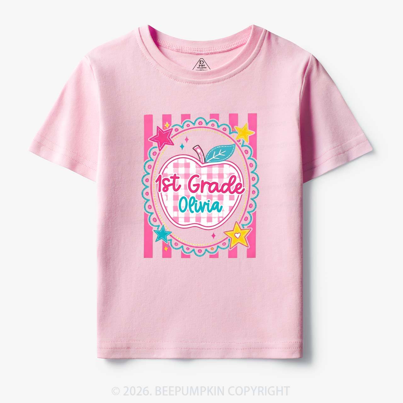 Personalized Girly Pink Gingham Back To School Toddler&Kid's Tees