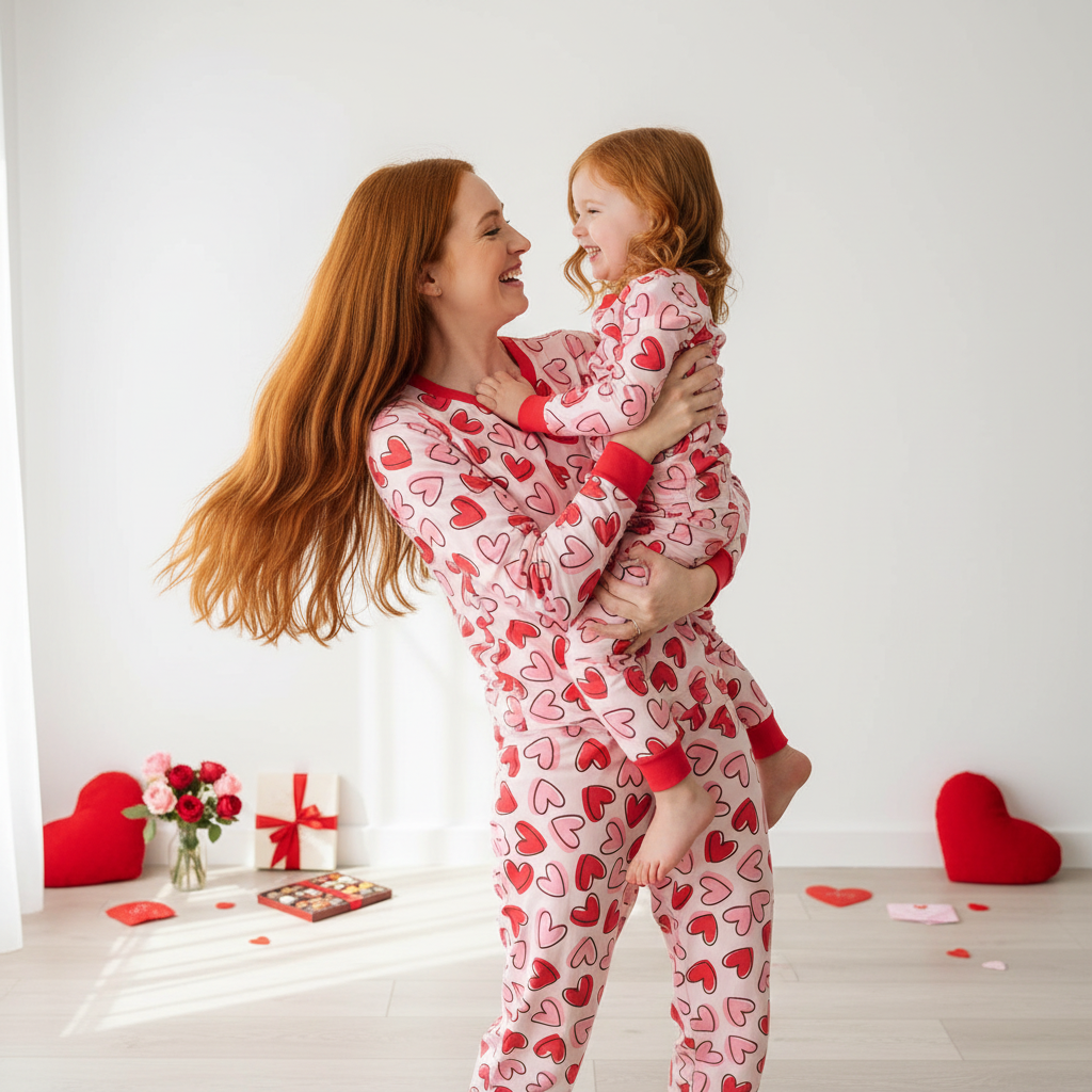 Pink&Red Sweetheart Doodles All-Over Print Mom&Me Cuffed Pajama Sets