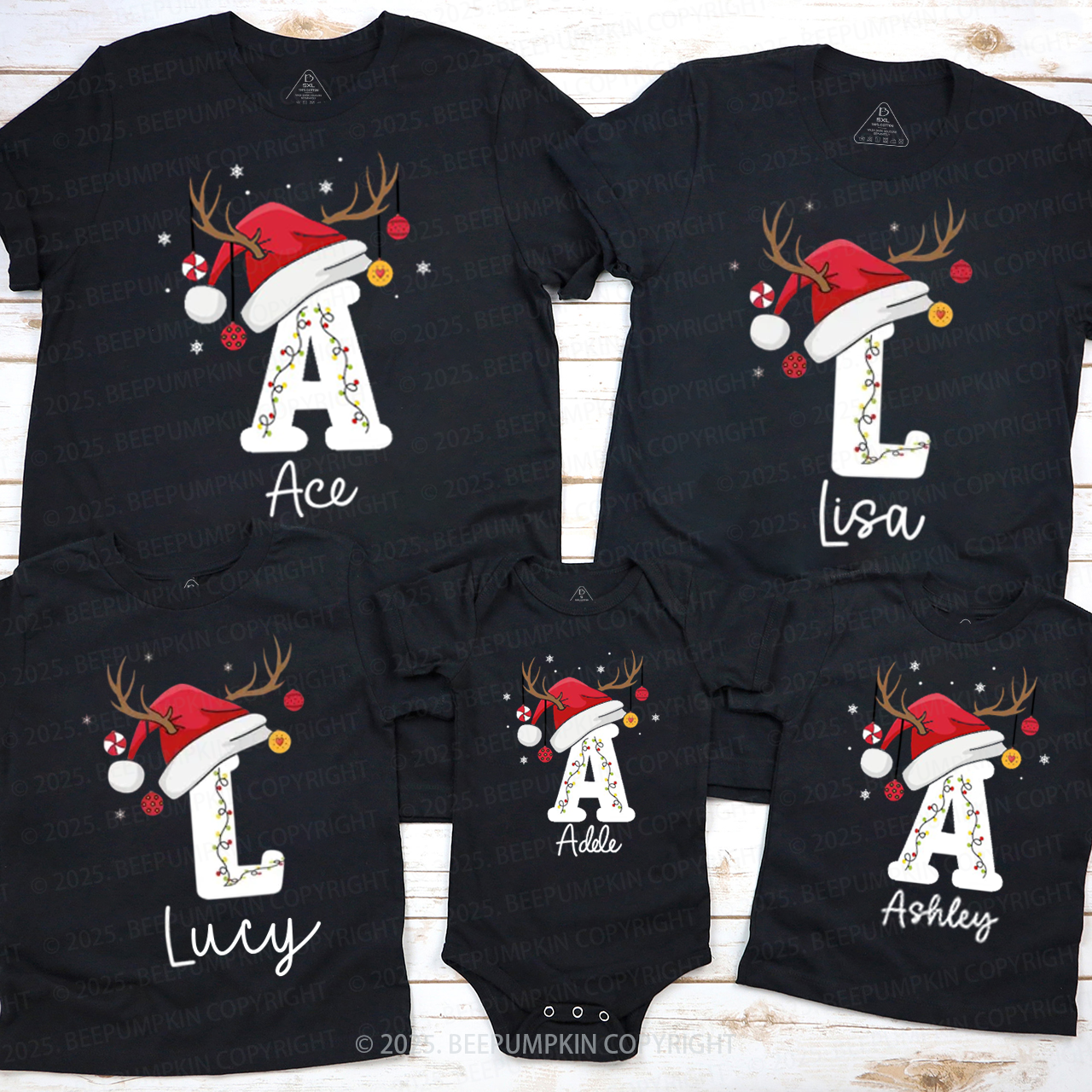 Personalized Holiday Santa Hat Name Family Matching T-Shirts Beepumpkin