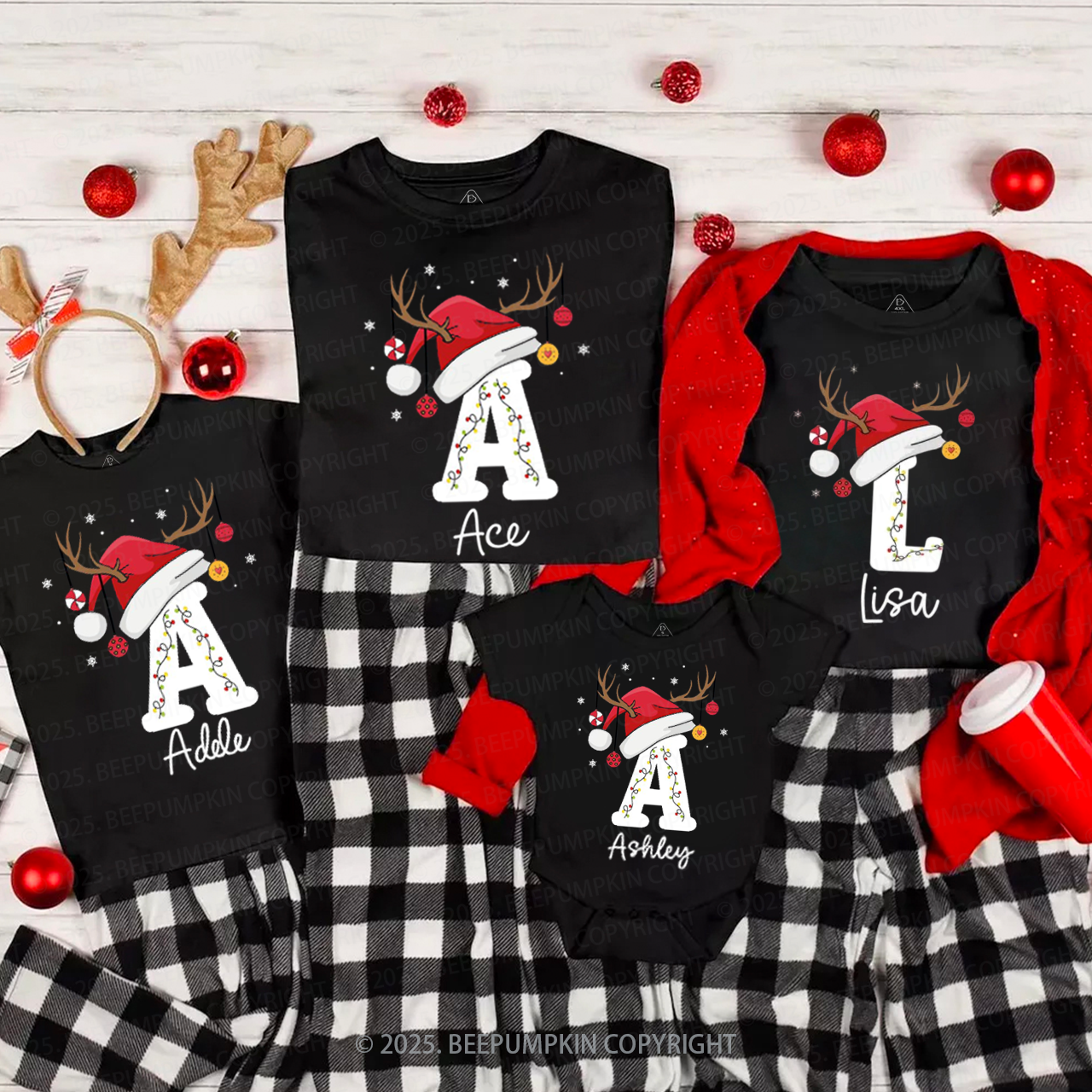 Personalized Holiday Santa Hat Name Family Matching T-Shirts Beepumpkin