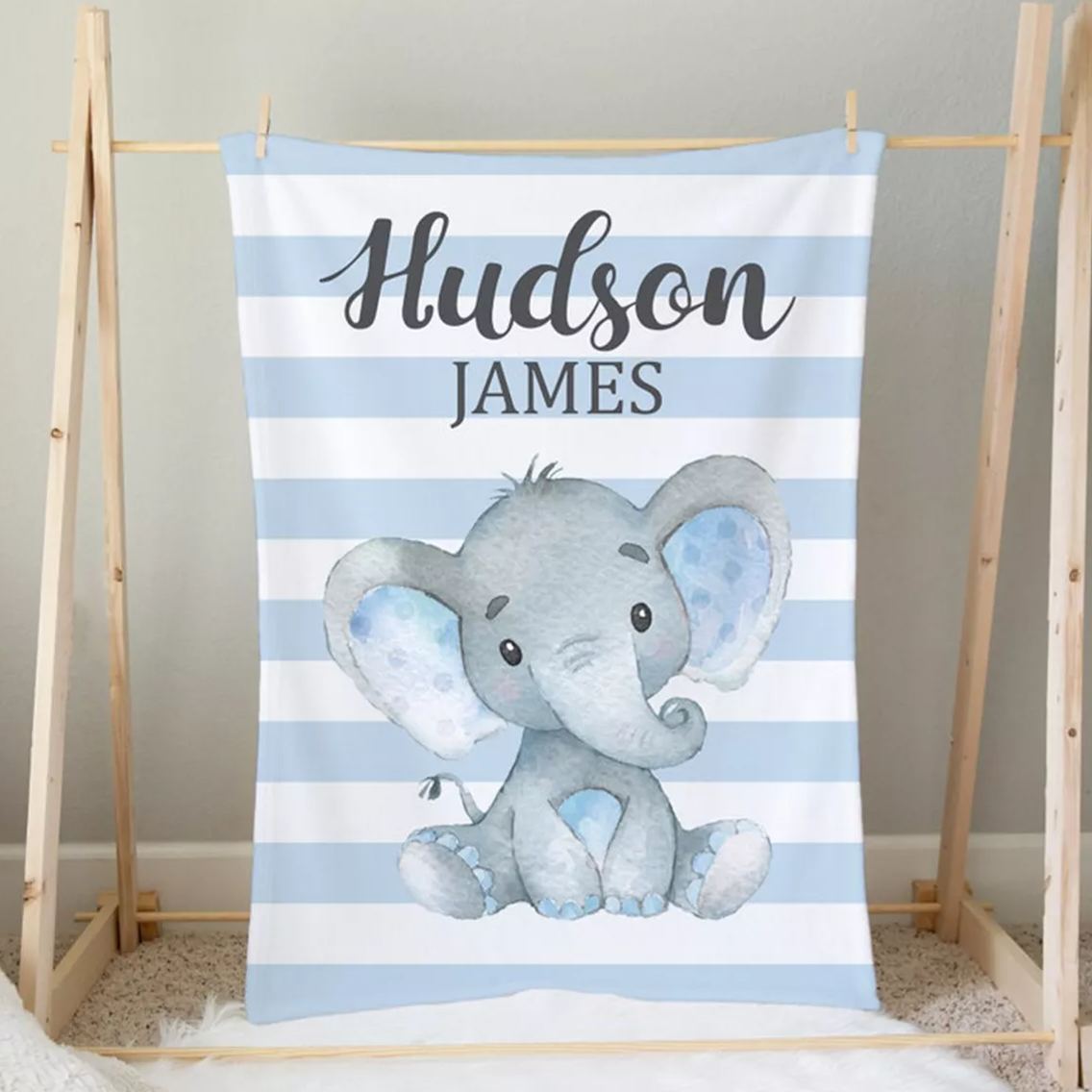 Personalized Blue Elephant Baby Boy Flannel Blanket