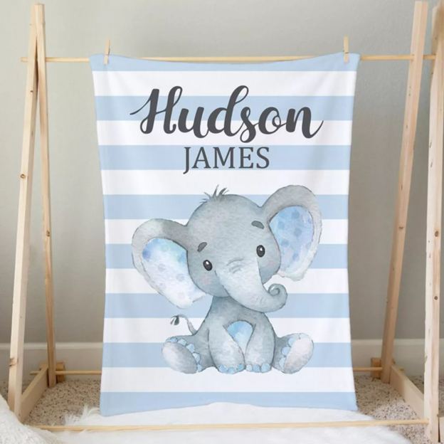 Personalized Blue Elephant Baby Boy Flannel Blanket
