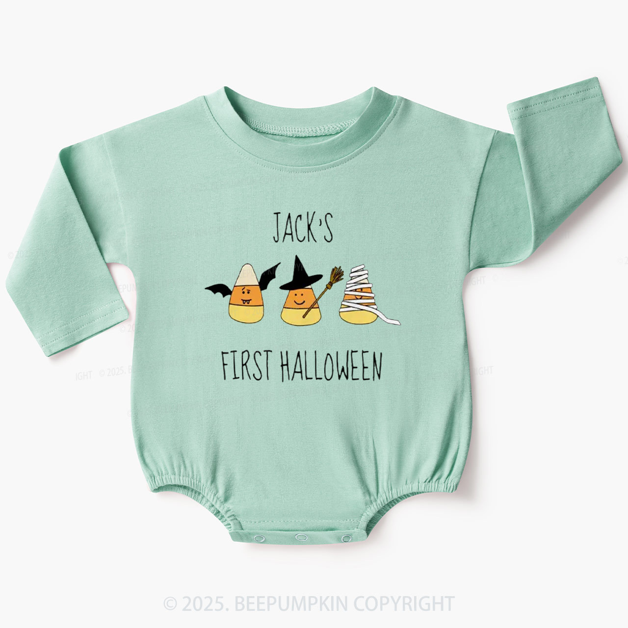 Personalized First Halloween Candy Corn Baby Bubble Romper Beepumpkin