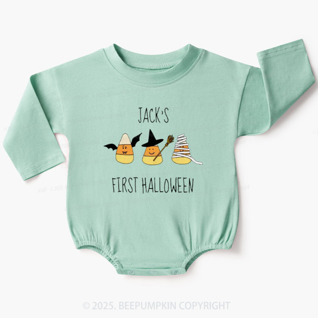 Personalized First Halloween Candy Corn Baby Bubble Romper Beepumpkin