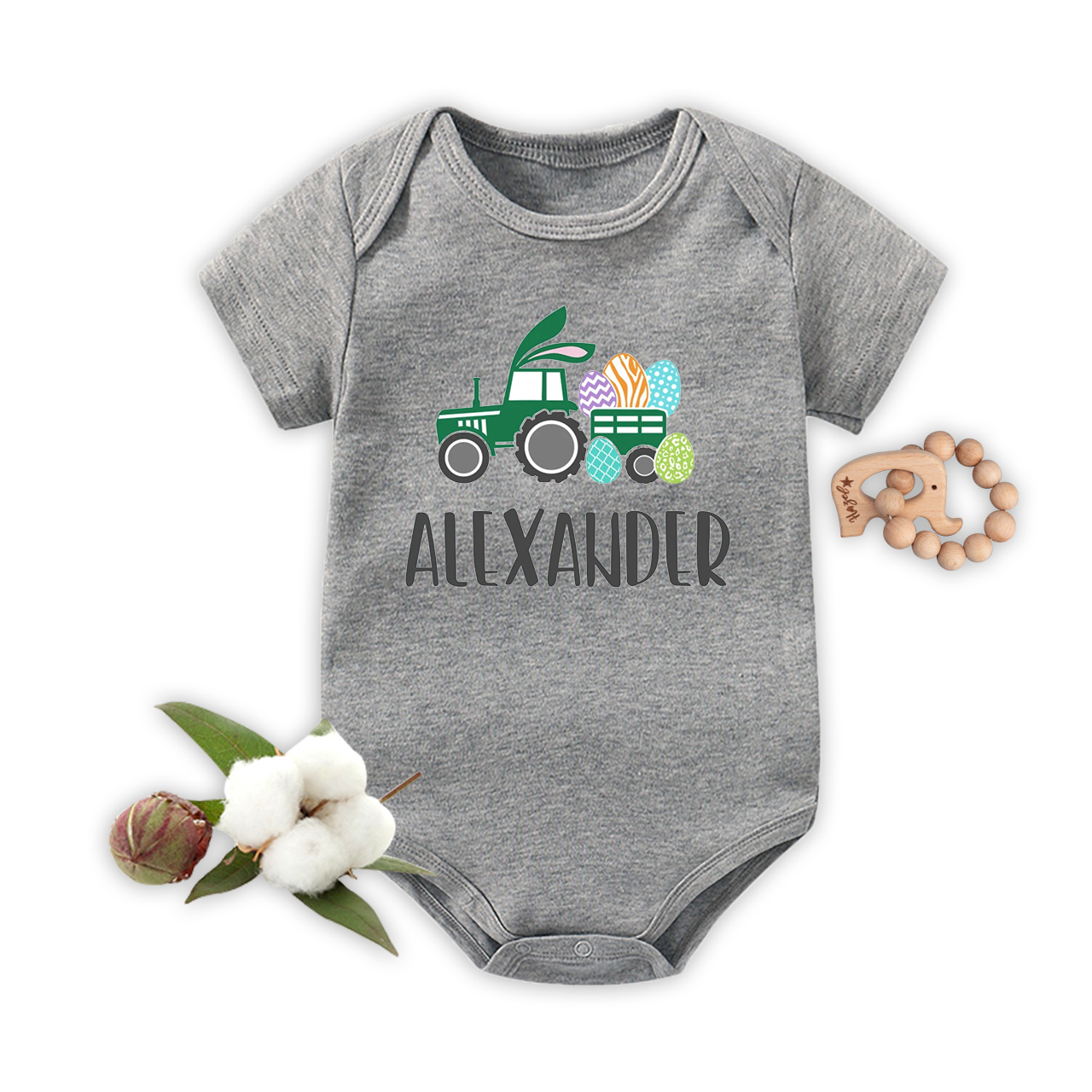 Personalized Easter Custom Name Tractor Baby Bodysuit