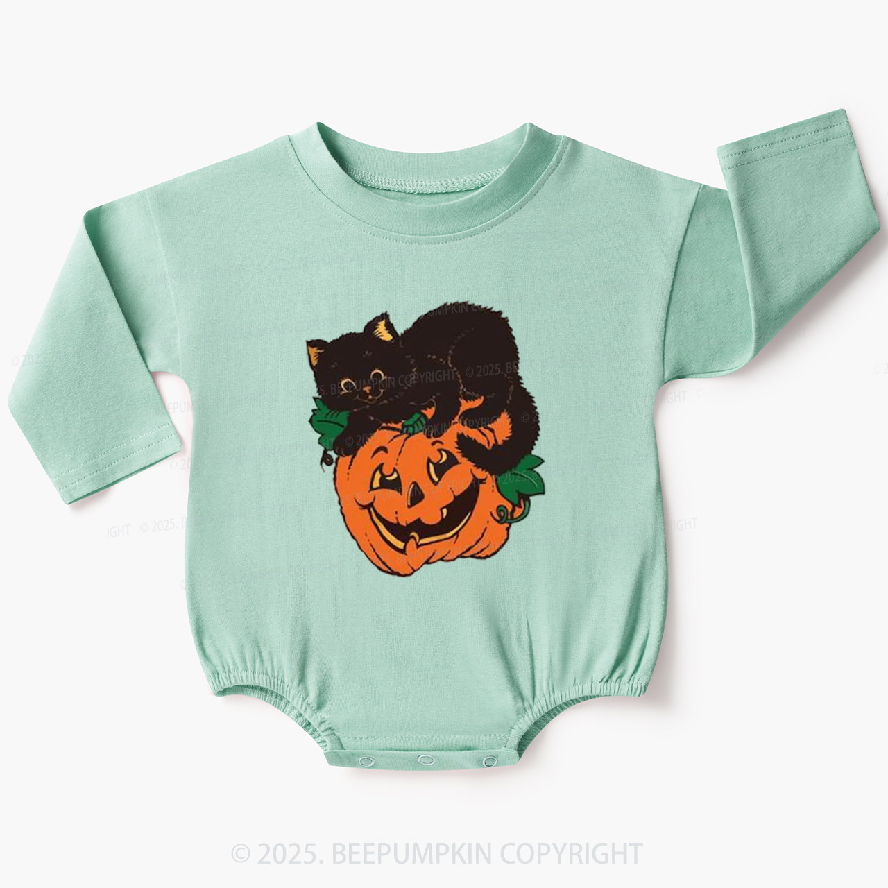 Black Cat On Pumpkin Bubble Romper Beepumpkin