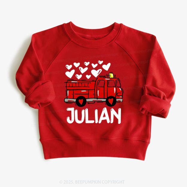 Personalized Name Fire Truck Valentine's Day Kid's Sweatshirt
