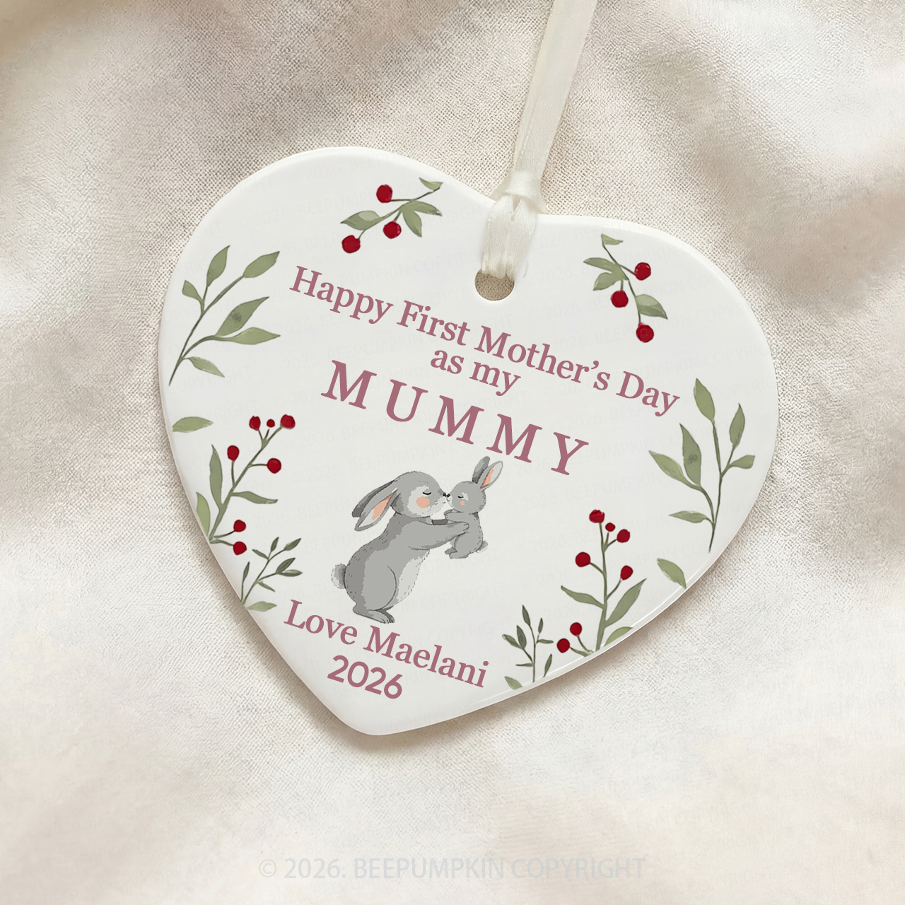 Personalized First Mother's Day Bunny Ceramic Heart Ornament