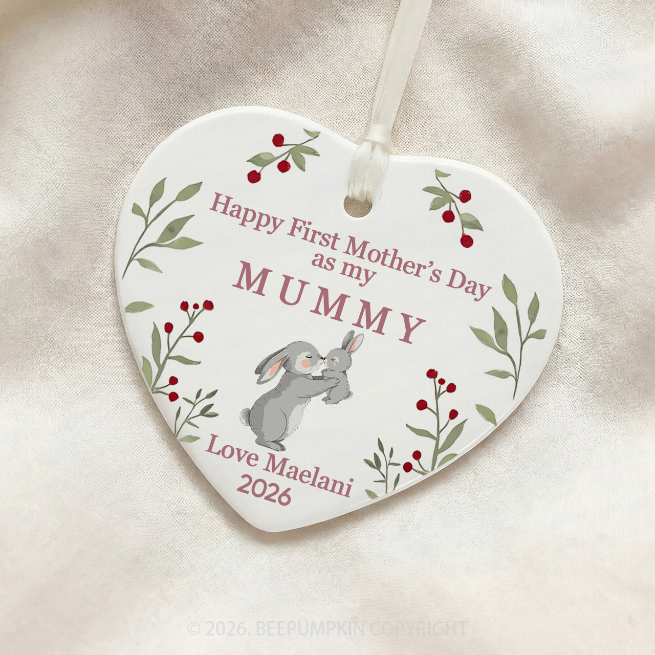 Personalized First Mother's Day Bunny Ceramic Heart Ornament