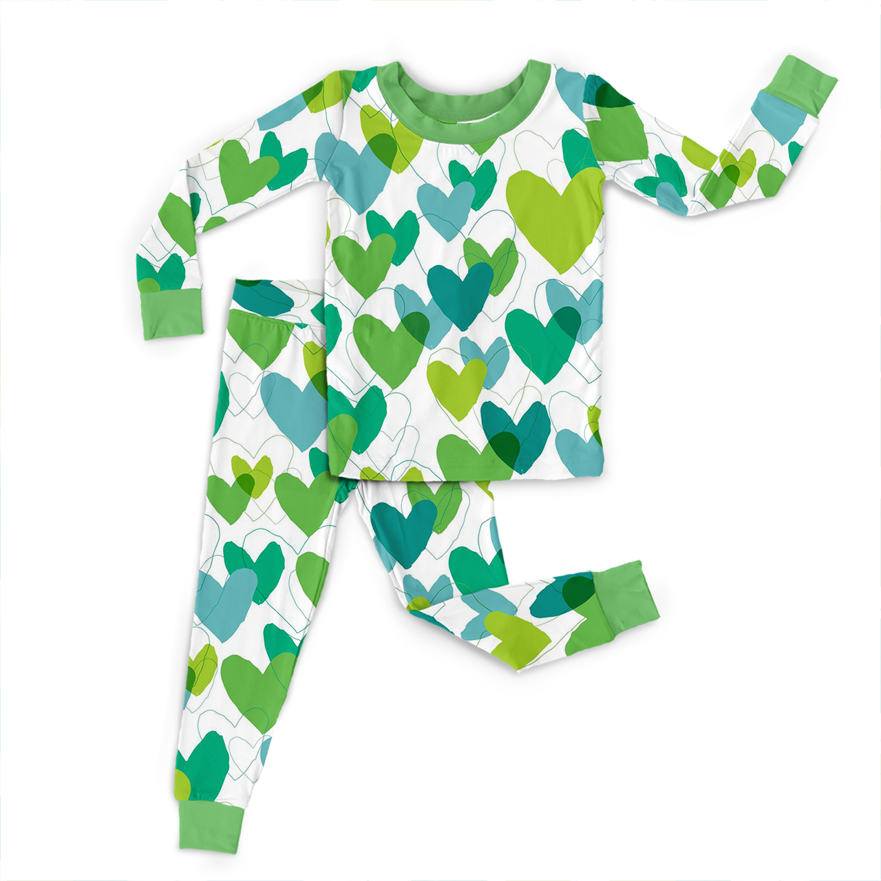 Sweet Green Hearts Two-Piece Pajama Set For Kids