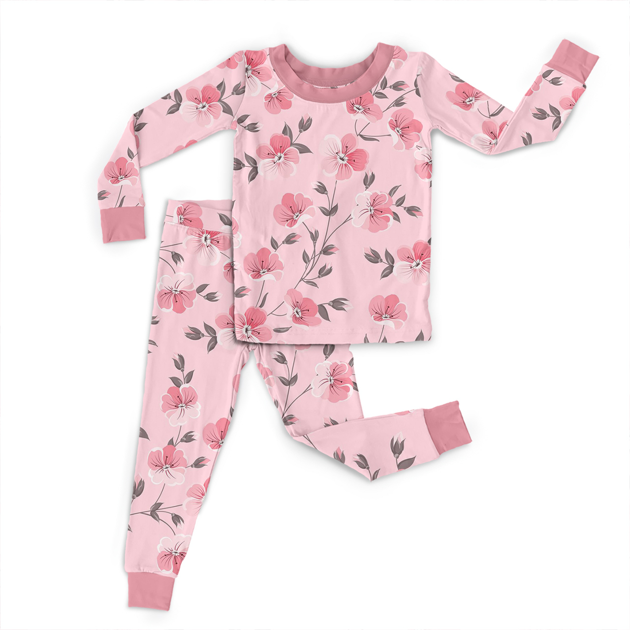 Pink Blossom Two-Piece Pajama Set For Kids