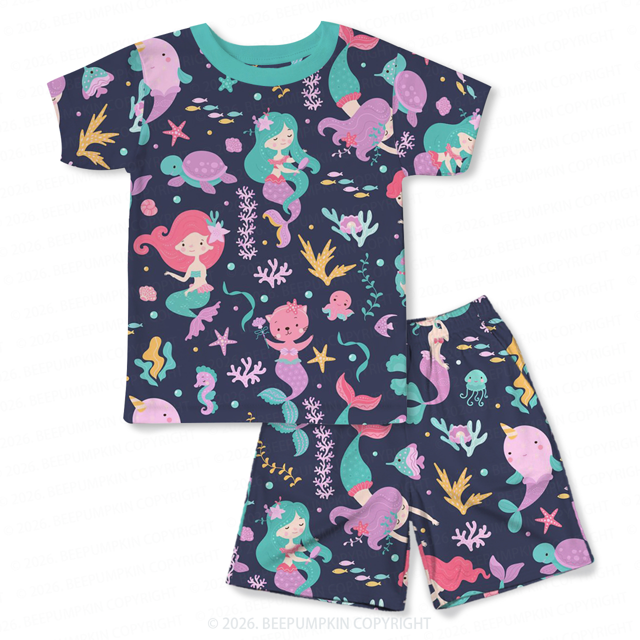 Magical Sea Mermaid Two-Piece Pajama Short Sets For Toddler&Kids