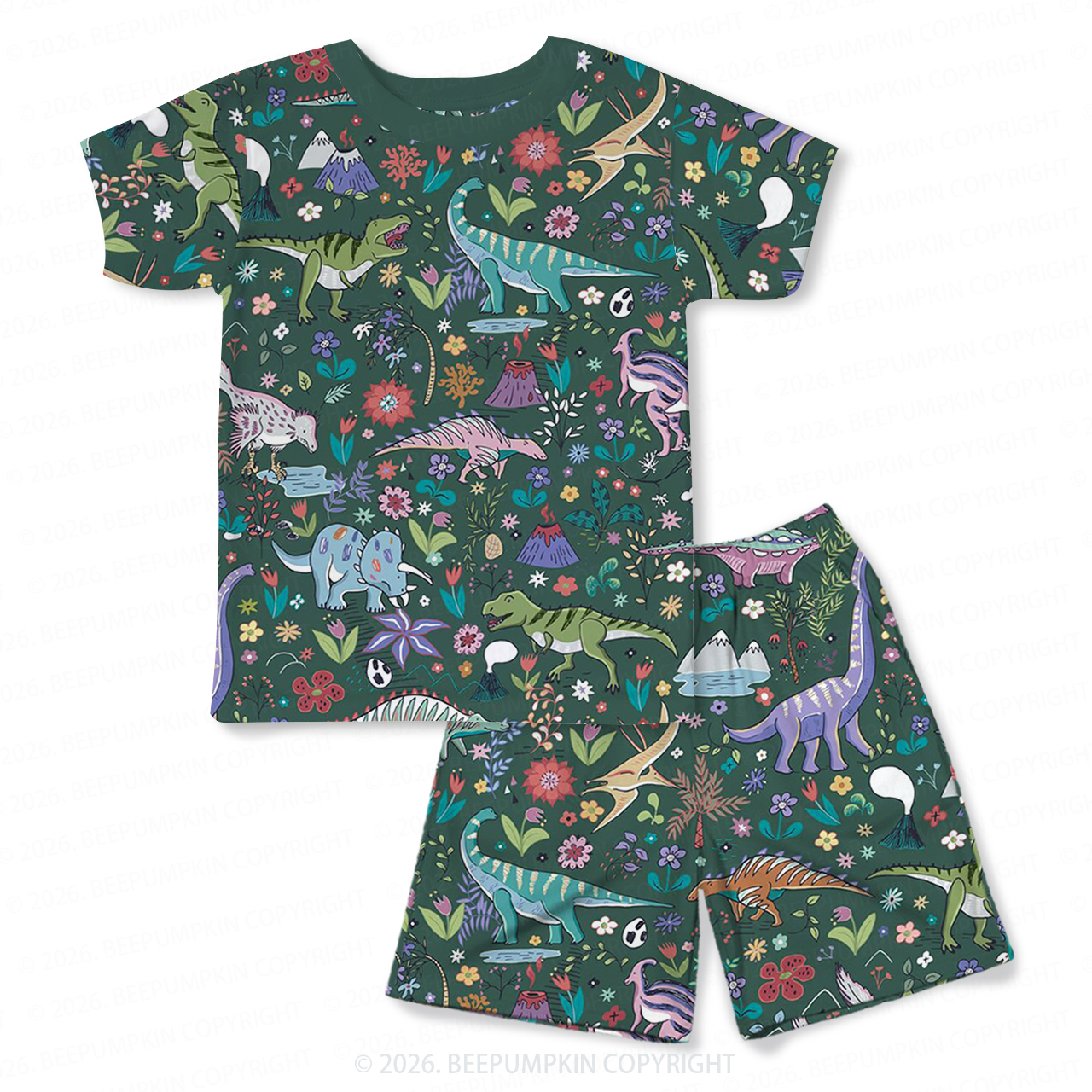 Dinosaur Forest Two-Piece Pajama Short Sets For Toddler&Kids